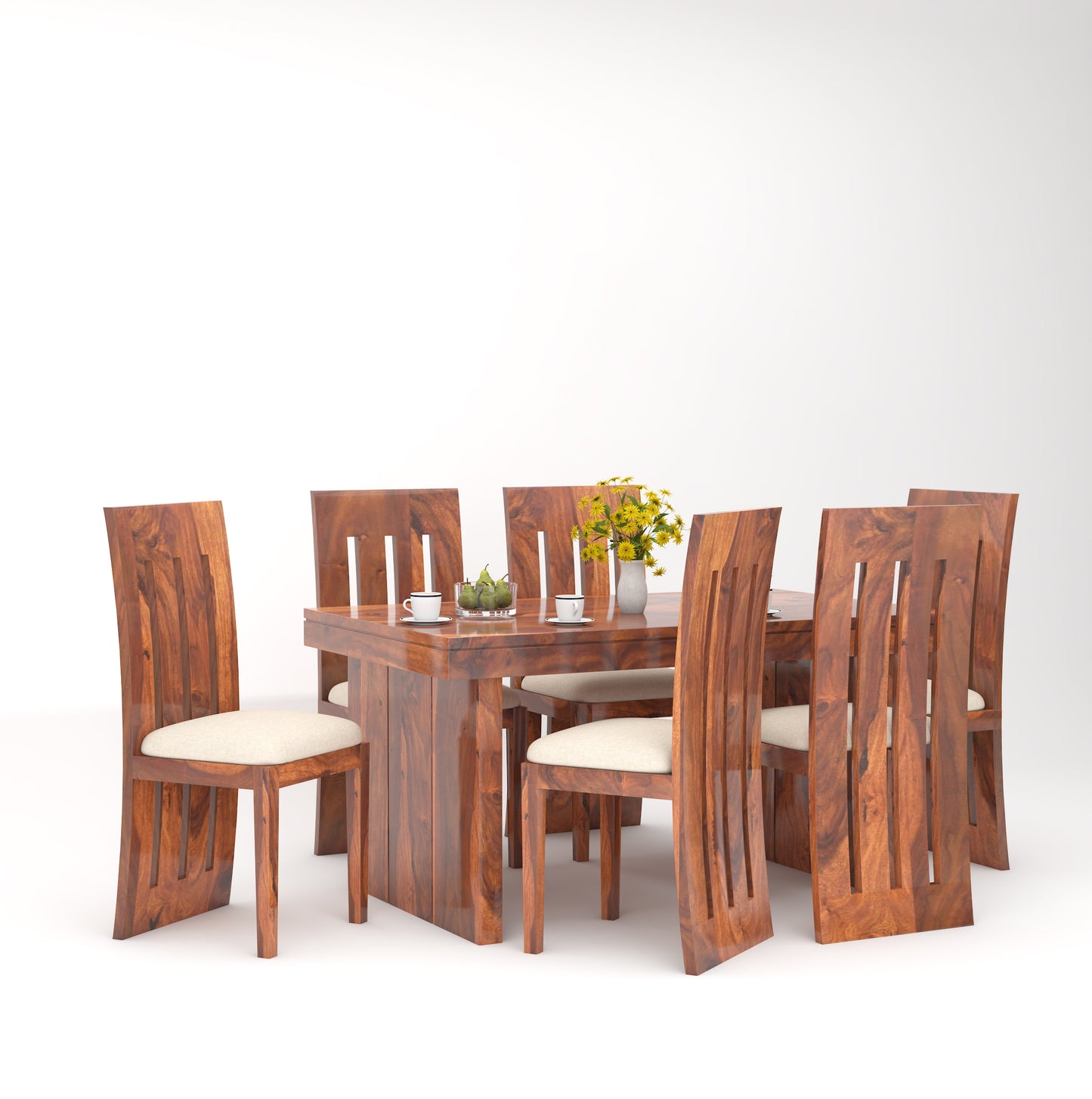 Hola Solid Wood 6 Seater Dining Table Set - Teak Finish