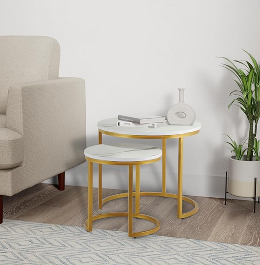 EliteNest Gold Laminated Marble Finish Nested Table Set (White and Gold)