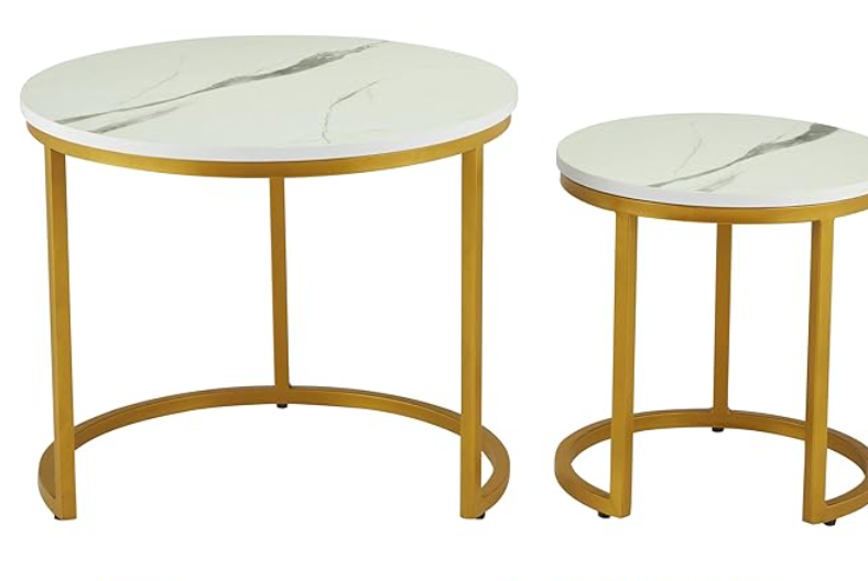 EliteNest Gold Laminated Marble Finish Nested Table Set (White and Gold)