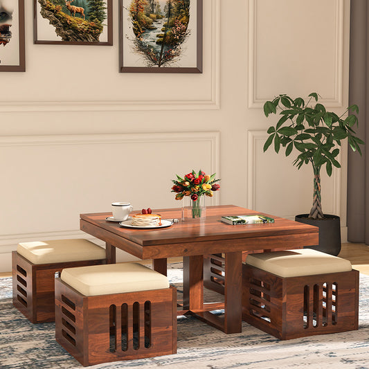 Arabia 4 Stool Solid Wood Coffee Table - Teak Finish