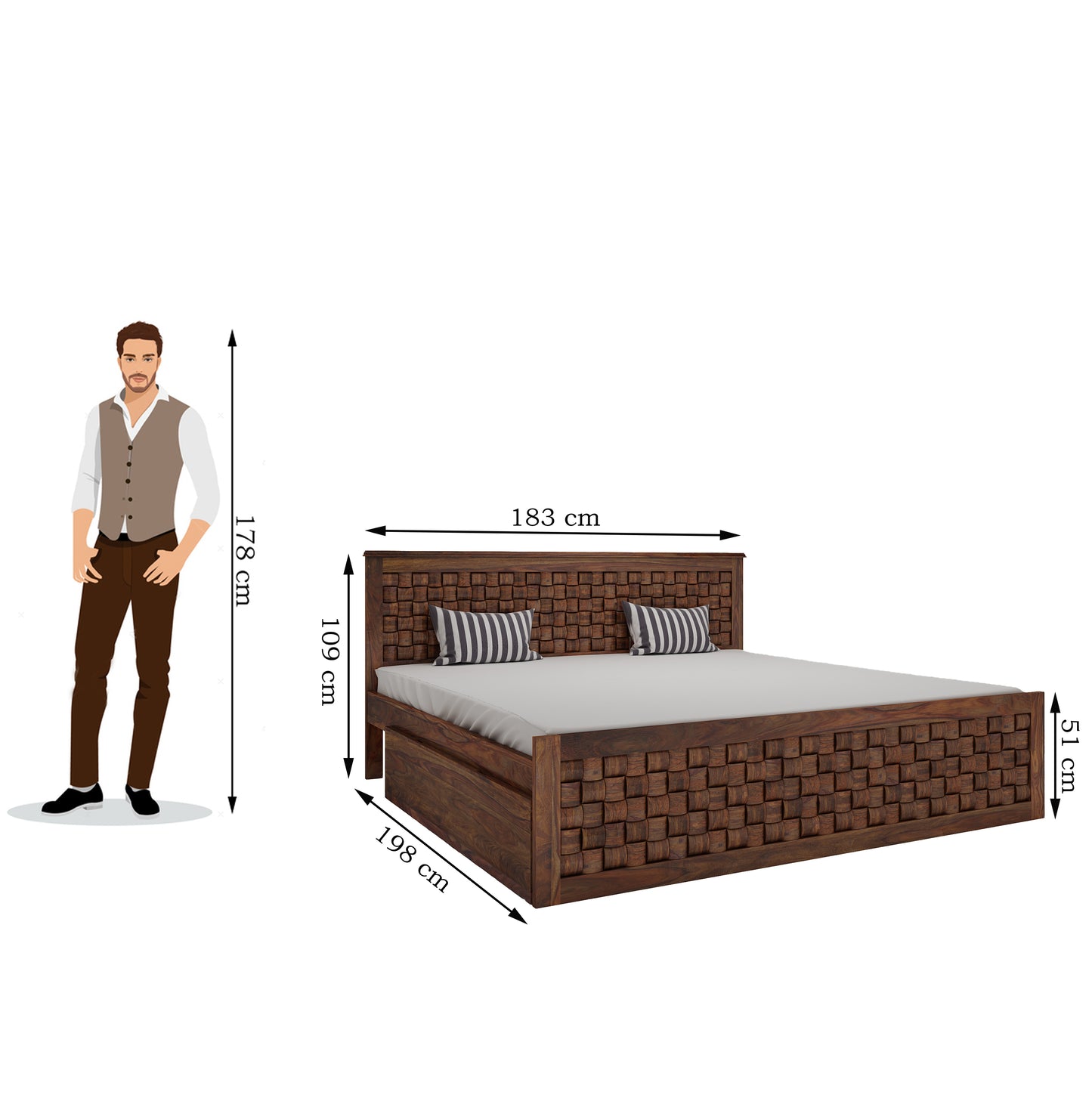 Weave King Side Drawer Storage Bed-Teak