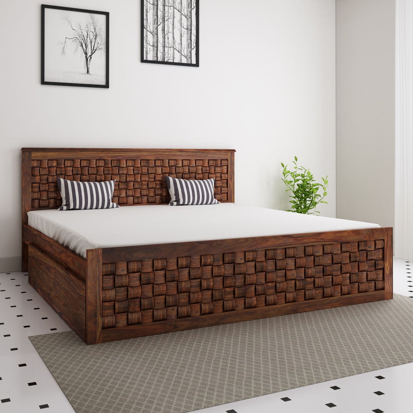 Weave King Side Drawer Storage Bed-Teak