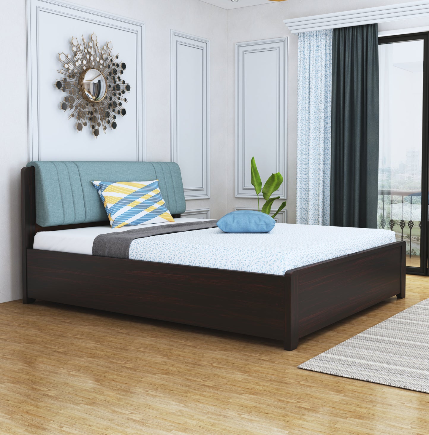 Lannister Aqua Queen Box Storage Bed-Mahogany