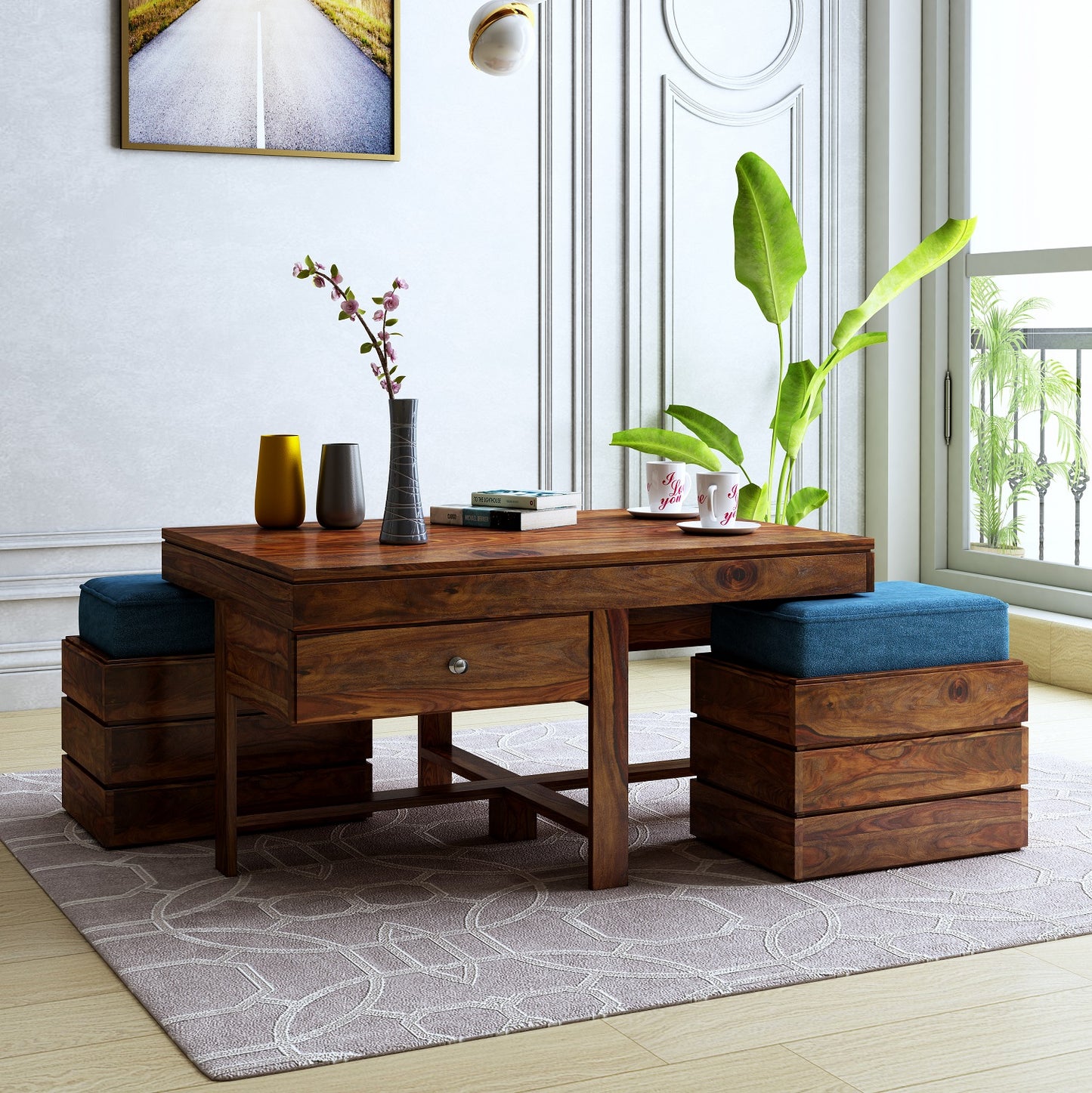 Aster Coffee 2 Stool Table-Teak