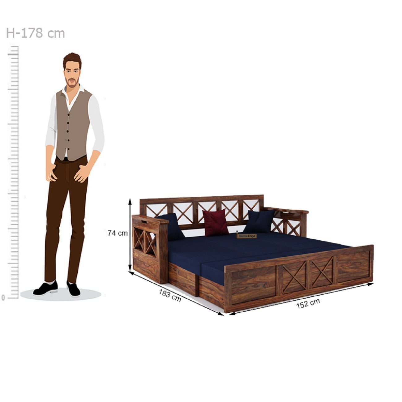 Murphy Blue Sofa Cum Bed-Teak