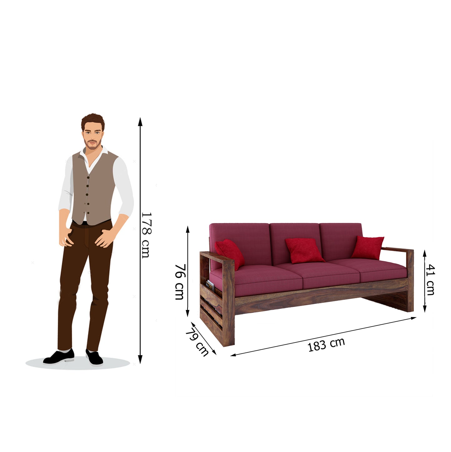 Saiman Wooden 3 Seater Sofa