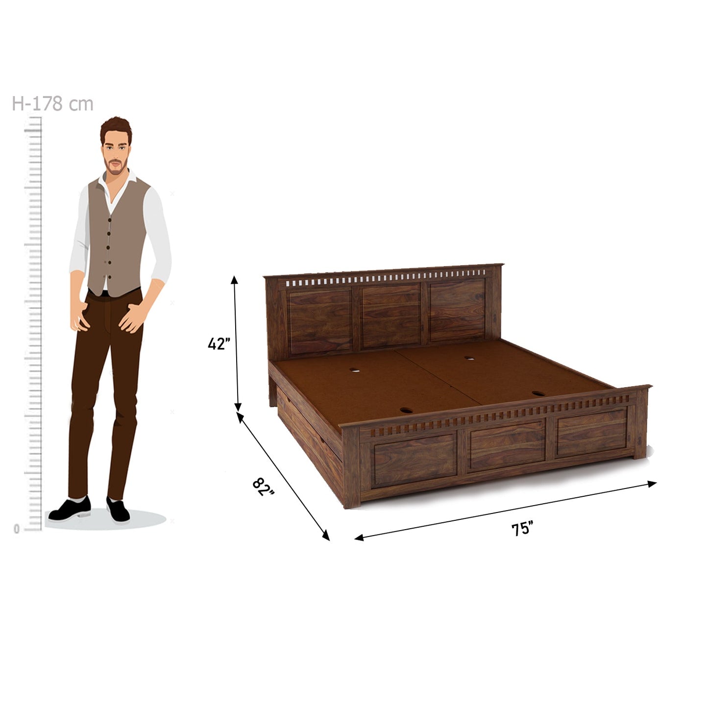 Home Edge Sheesham Wood Avalon King Drawer Storage Bed-Teak