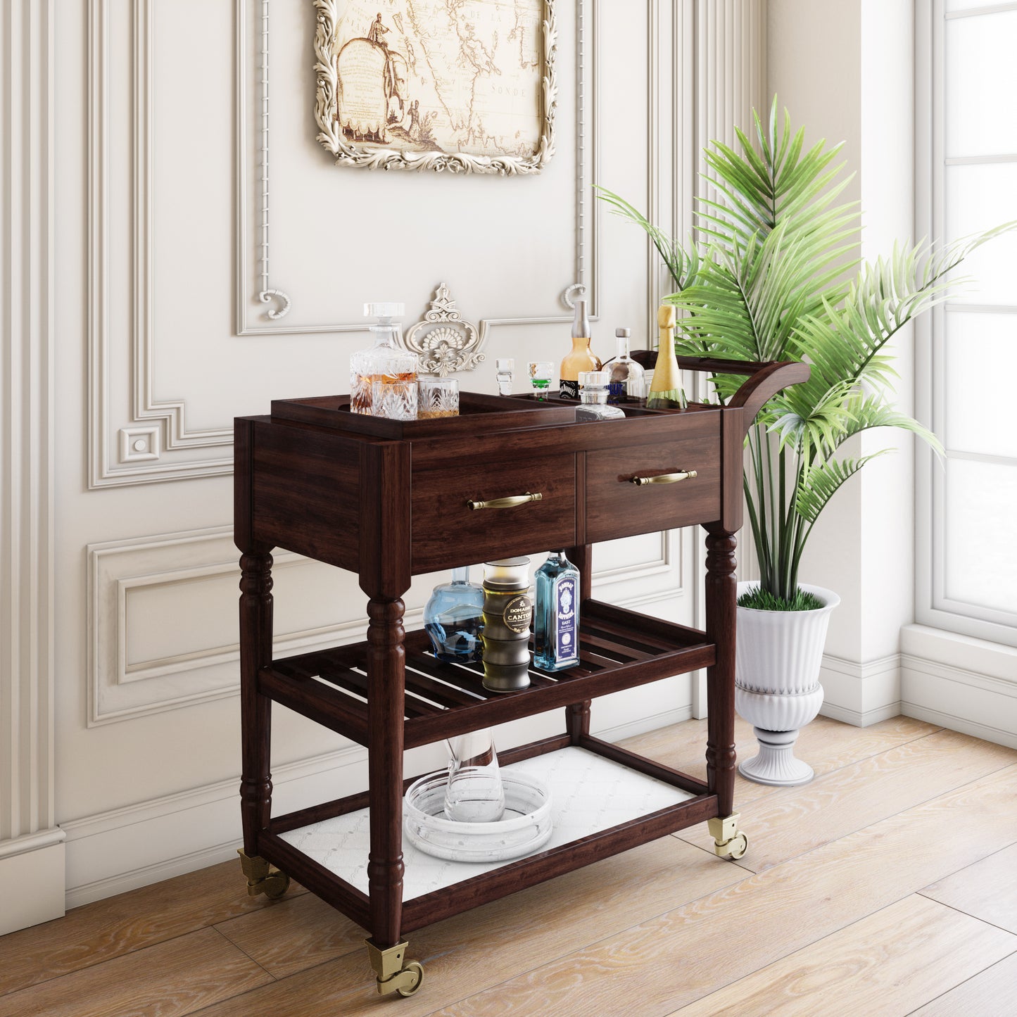 Morina Solid Wood Bar Trolly-Mahogany