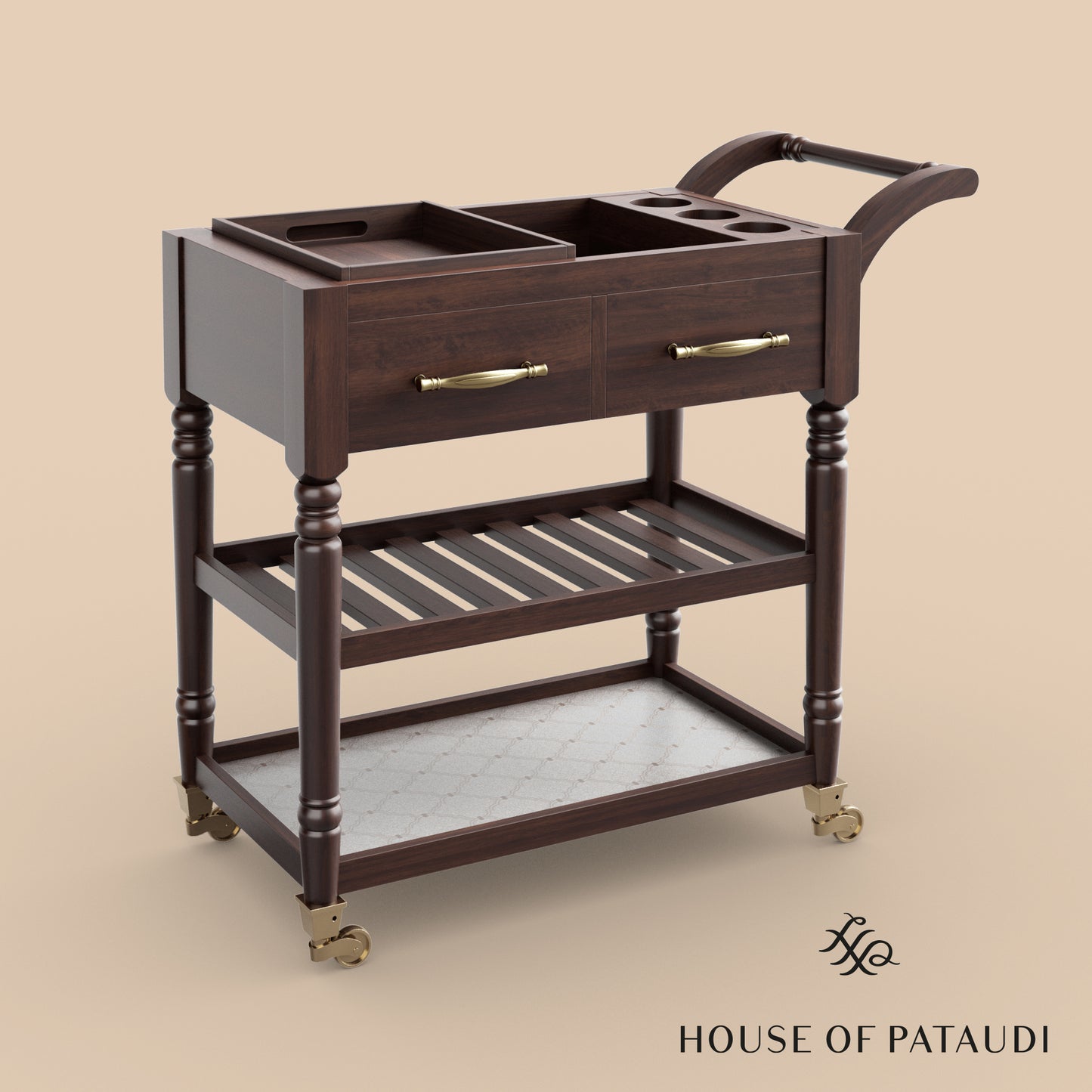 Morina Solid Wood Bar Trolly-Mahogany