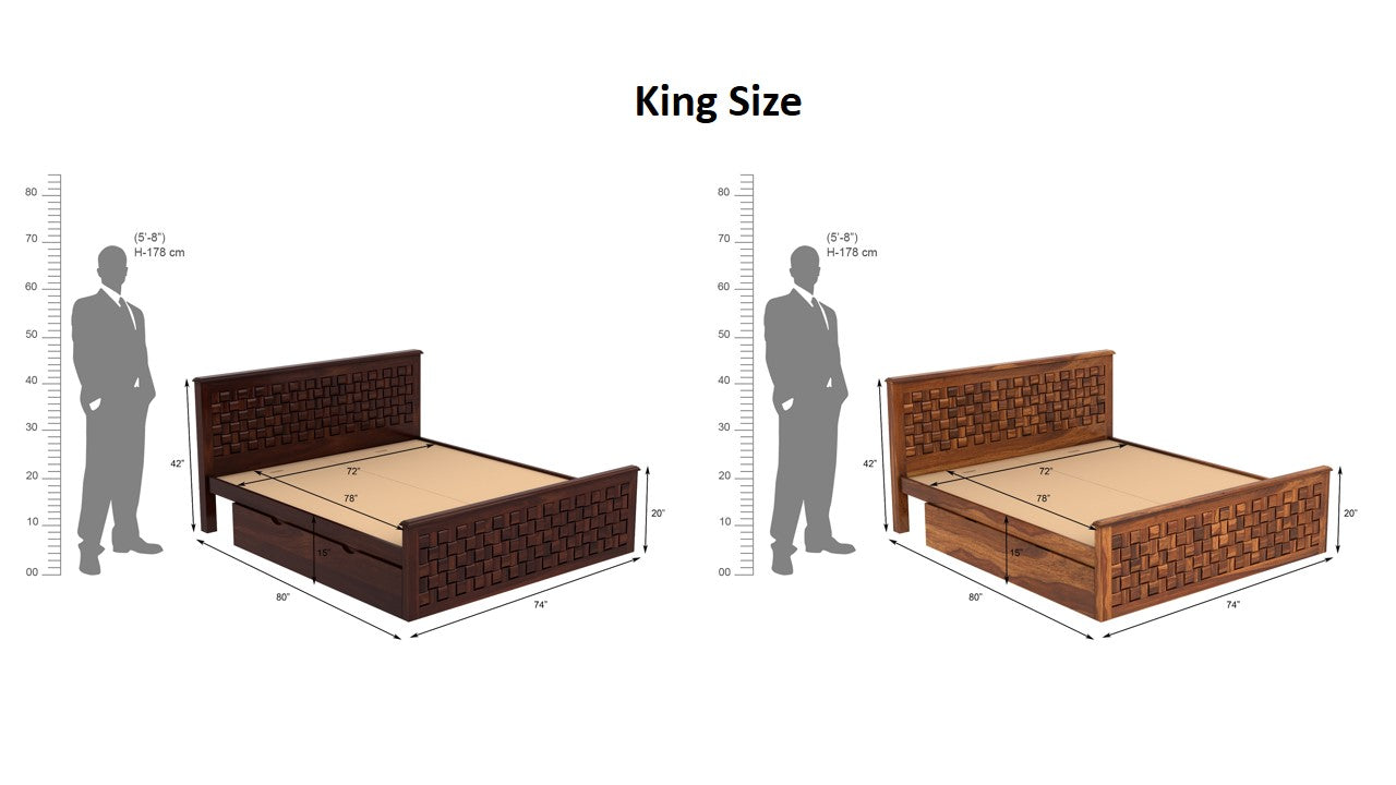 Passio Sheesham King Side Drawer Bed-Teak