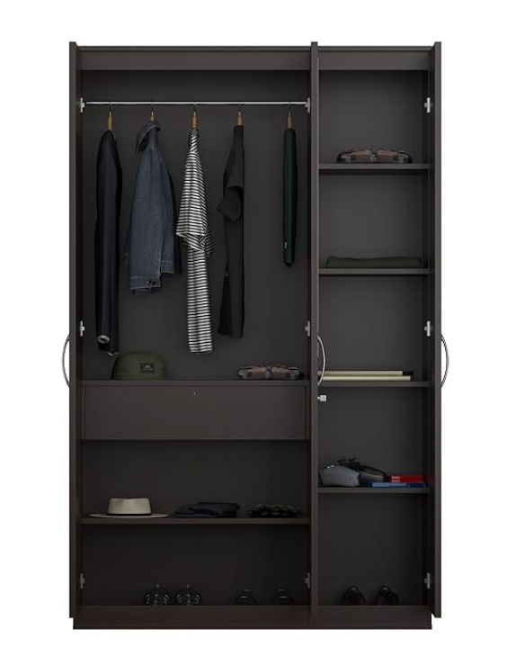 Luxe Engineered Wood 3 Door Wardrobe with Drawer and Mirror (Wenge Finish)