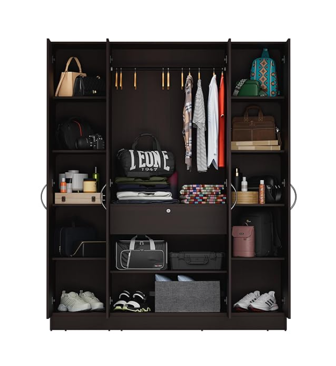 Luxe Engineered Wood 4 Door Wardrobe with Drawer and Mirror (Wenge Finish)