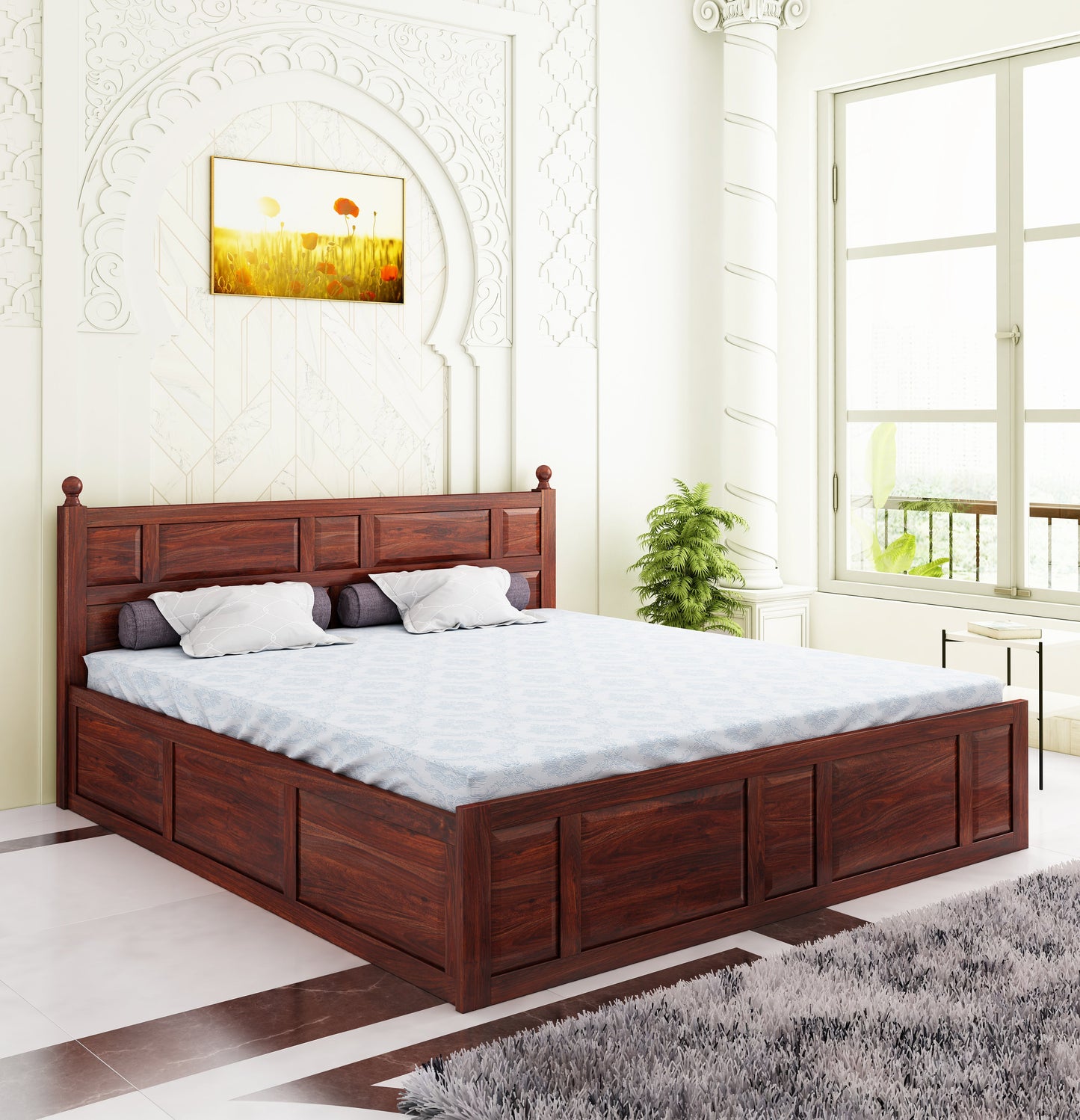 Home Edge Sheesham Wood Joplin King Box Storage Bed-Mahogany