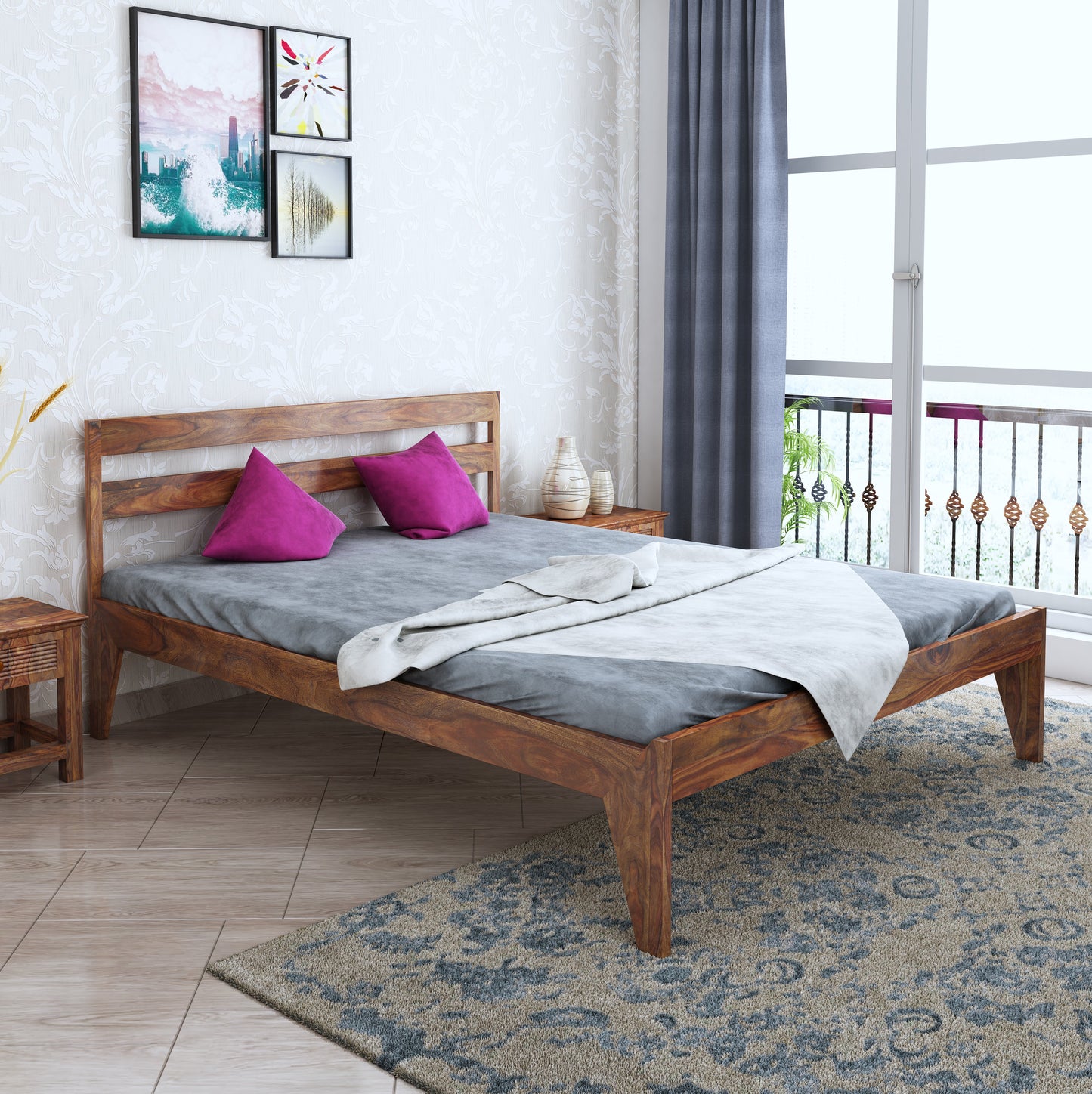 Home Edge Sheesham Wood Ewine Queen Size Bed-Teak