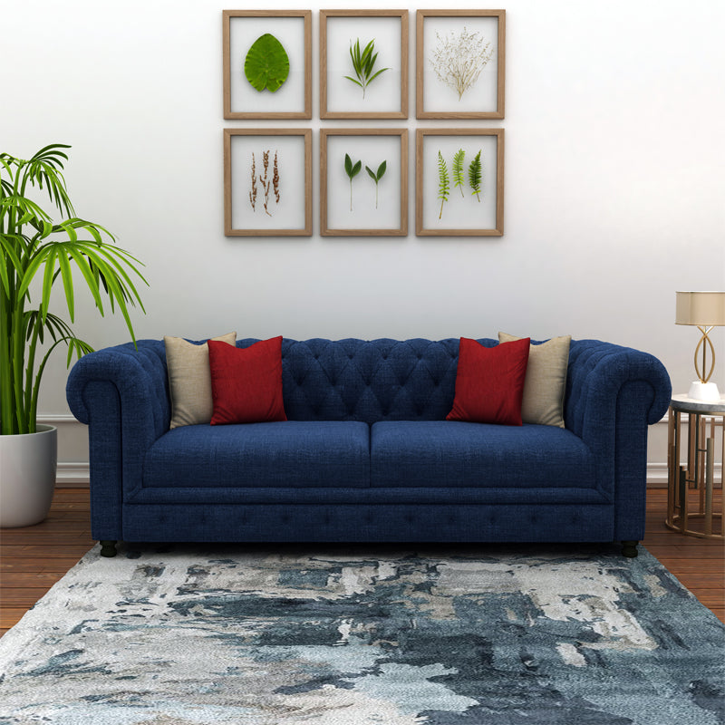 Home Edge Sheesham Wood Wilson 3 Seater Fabric Sofa-Blue