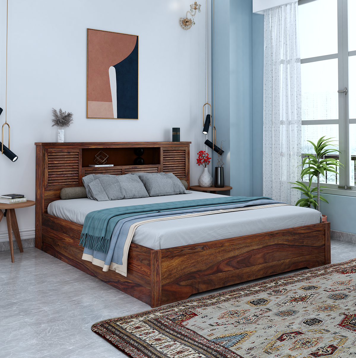 Home Edge Sheesham Wood Aricon Queen Box Storage Bed Teak