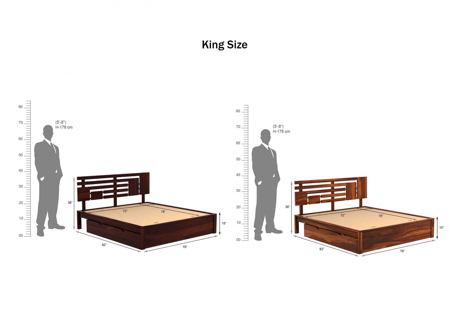 Giza Sheesham King Side Drawer Bed-Teak
